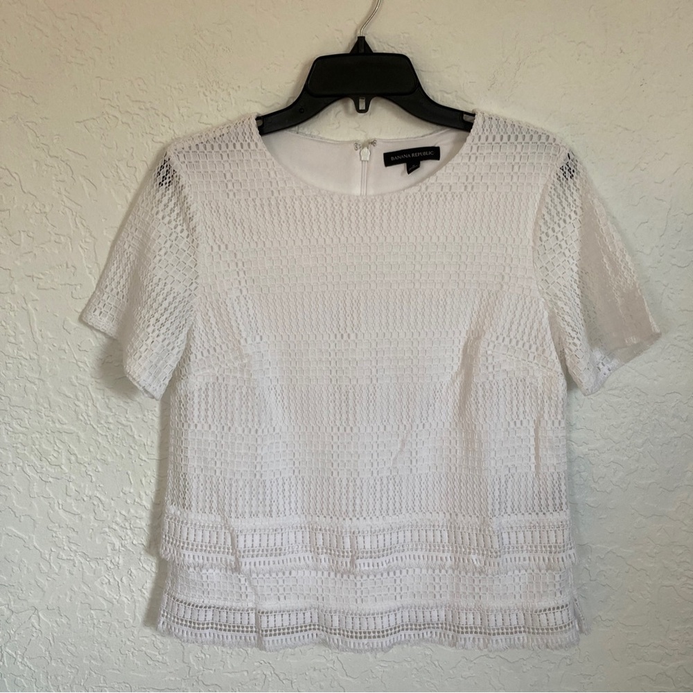 Banana Republic White Tiered Layered Lace Fringe Top Blouse Women’s Small - Picture 2 of 11